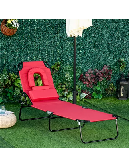 Outsunny Foldable Outdoor Sun Lounger Adjustable Backrest Reclining Chair with Pillow and Reading Hole Garden Beach, Red