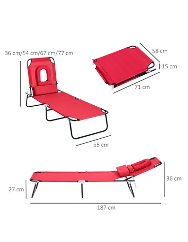 Outsunny Foldable Outdoor Sun Lounger Adjustable Backrest Reclining Chair with Pillow and Reading Hole Garden Beach, Red