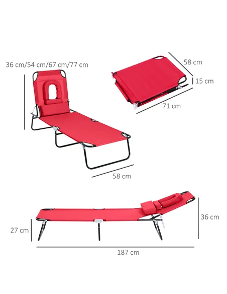 Outsunny Foldable Outdoor Sun Lounger Adjustable Backrest Reclining Chair with Pillow and Reading Hole Garden Beach, Red