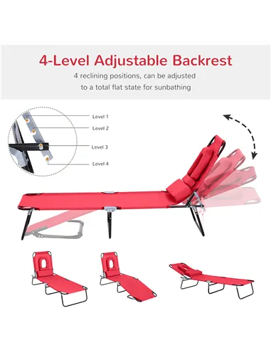 Outsunny Foldable Outdoor Sun Lounger Adjustable Backrest Reclining Chair with Pillow and Reading Hole Garden Beach, Red