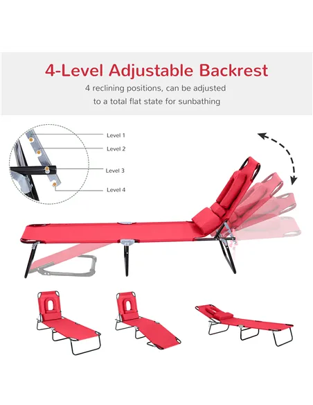Outsunny Foldable Outdoor Sun Lounger Adjustable Backrest Reclining Chair with Pillow and Reading Hole Garden Beach, Red