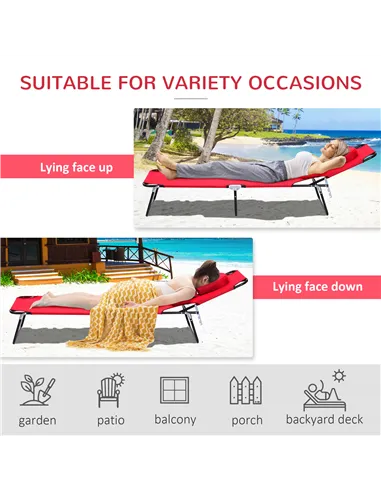 Outsunny Foldable Outdoor Sun Lounger Adjustable Backrest Reclining Chair with Pillow and Reading Hole Garden Beach, Red