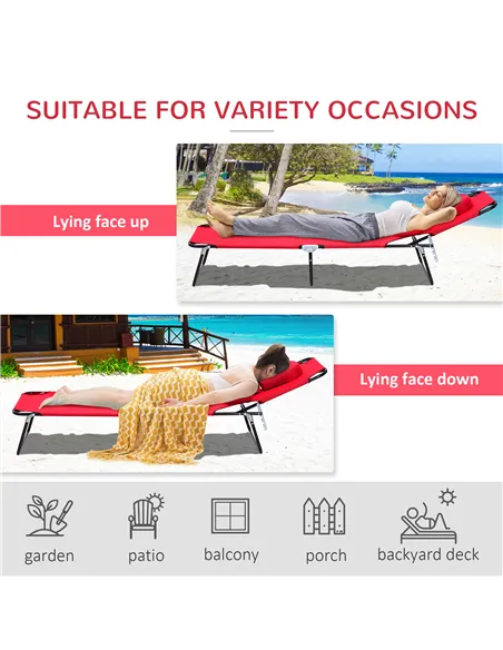 Outsunny Foldable Outdoor Sun Lounger Adjustable Backrest Reclining Chair with Pillow and Reading Hole Garden Beach, Red