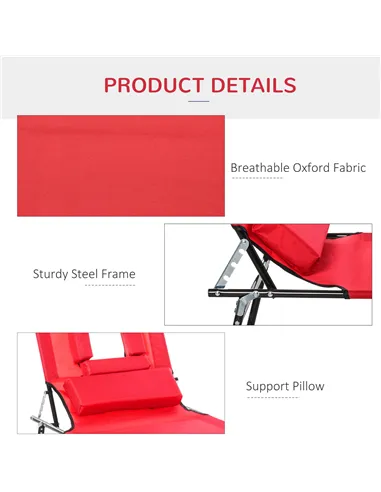 Outsunny Foldable Outdoor Sun Lounger Adjustable Backrest Reclining Chair with Pillow and Reading Hole Garden Beach, Red