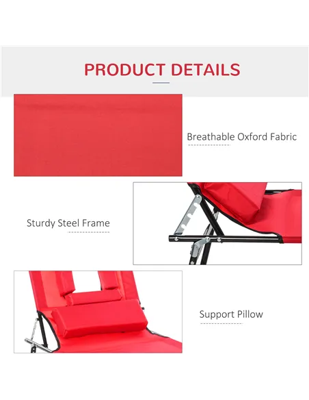 Outsunny Foldable Outdoor Sun Lounger Adjustable Backrest Reclining Chair with Pillow and Reading Hole Garden Beach, Red