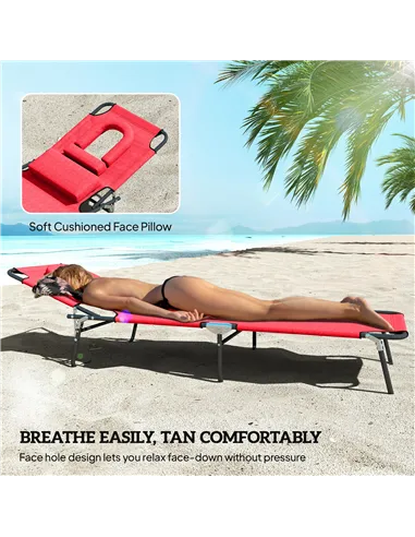 Outsunny Foldable Outdoor Sun Lounger Adjustable Backrest Reclining Chair with Pillow and Reading Hole Garden Beach, Red