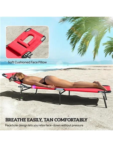 Outsunny Foldable Outdoor Sun Lounger Adjustable Backrest Reclining Chair with Pillow and Reading Hole Garden Beach, Red