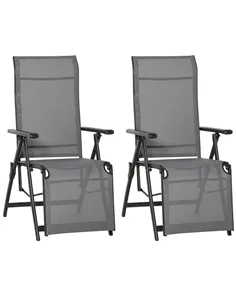 Outsunny Set of 2 Outdoor Sun Lounger 10-Position Adjustable Texteline Folding Reclining Chairs with Footrest for Patio Garden, 
