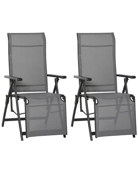 Outsunny Set of 2 Outdoor Sun Lounger 10-Position Adjustable Texteline Folding Reclining Chairs with Footrest for Patio Garden, 