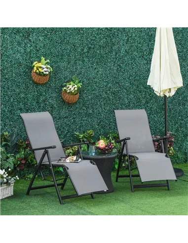 Outsunny Set of 2 Outdoor Sun Lounger 10-Position Adjustable Texteline Folding Reclining Chairs with Footrest for Patio Garden, 