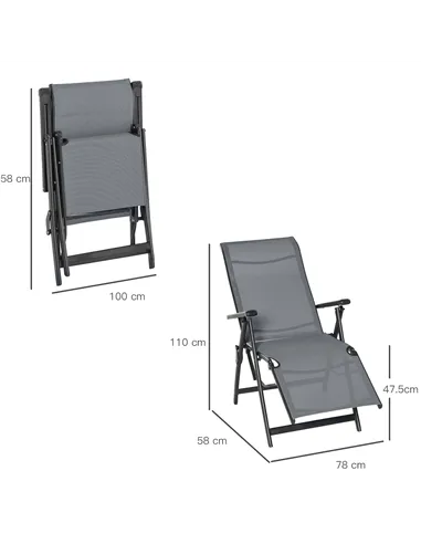 Outsunny Set of 2 Outdoor Sun Lounger 10-Position Adjustable Texteline Folding Reclining Chairs with Footrest for Patio Garden, 