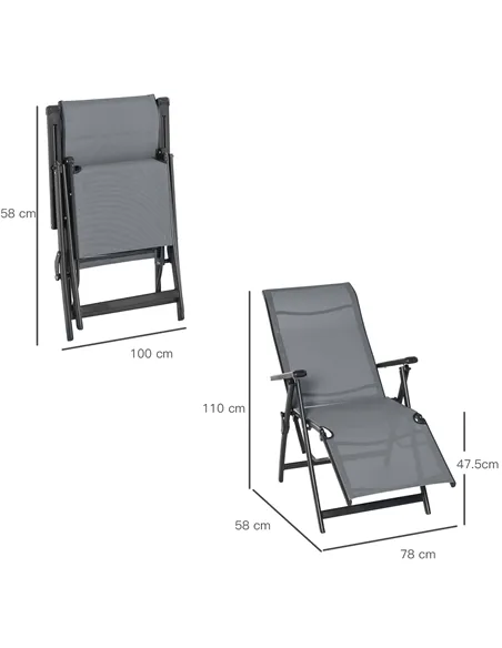 Outsunny Set of 2 Outdoor Sun Lounger 10-Position Adjustable Texteline Folding Reclining Chairs with Footrest for Patio Garden, 