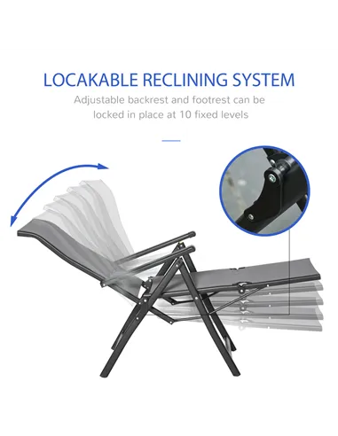 Outsunny Set of 2 Outdoor Sun Lounger 10-Position Adjustable Texteline Folding Reclining Chairs with Footrest for Patio Garden, 