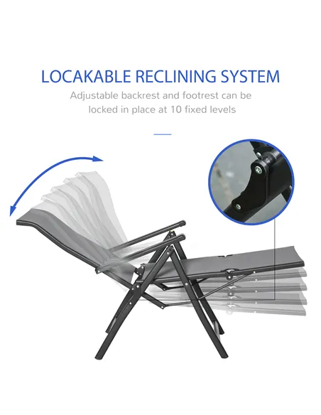Outsunny Set of 2 Outdoor Sun Lounger 10-Position Adjustable Texteline Folding Reclining Chairs with Footrest for Patio Garden, 