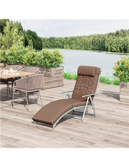 Outsunny Sun Lounger Steel Frame Outdoor Folding Chaise Texteline Lounge Chair Recliner with Headrest & 7 Levels Adjustable Back