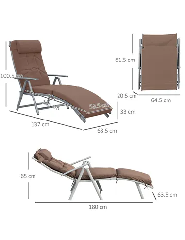 Outsunny Sun Lounger Steel Frame Outdoor Folding Chaise Texteline Lounge Chair Recliner with Headrest & 7 Levels Adjustable Back