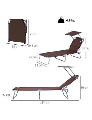 Outsunny Outdoor Foldable Sun Lounger, 4 Level Adjustable Backrest  Reclining Sun Lounger Chair with Angle Adjust Sun Shade Awni