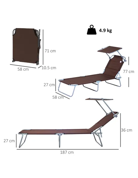 Outsunny Outdoor Foldable Sun Lounger, 4 Level Adjustable Backrest  Reclining Sun Lounger Chair with Angle Adjust Sun Shade Awni