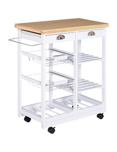 HOMCOM Rolling Kitchen Island Trolley Cart Drawer Shelves Basket Wheels W/  6 Bottle Wine Rack White