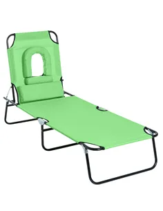 Outsunny Outdoor Folding Sun Lounger with Face Hole, 4 Level Adjustable Backrest Reclining Garden Lounger, Garden Recliner Sunbe