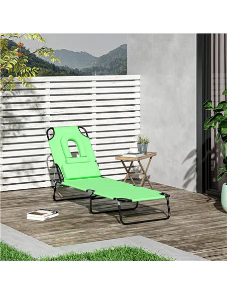 Outsunny Outdoor Folding Sun Lounger with Face Hole, 4 Level Adjustable Backrest Reclining Garden Lounger, Garden Recliner Sunbe