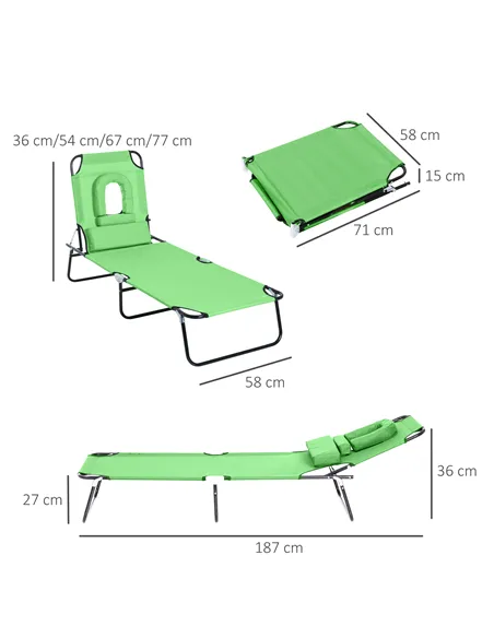 Outsunny Outdoor Folding Sun Lounger with Face Hole, 4 Level Adjustable Backrest Reclining Garden Lounger, Garden Recliner Sunbe