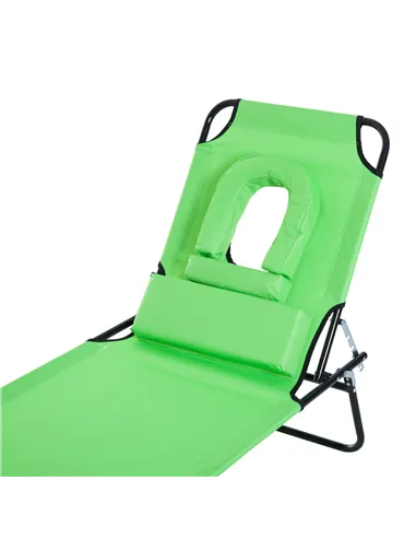 Outsunny Outdoor Folding Sun Lounger with Face Hole, 4 Level Adjustable Backrest Reclining Garden Lounger, Garden Recliner Sunbe