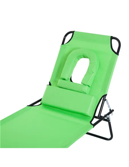 Outsunny Outdoor Folding Sun Lounger with Face Hole, 4 Level Adjustable Backrest Reclining Garden Lounger, Garden Recliner Sunbe