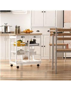 HOMCOM Rolling Kitchen Island Trolley Cart Drawer Shelves Basket Wheels W/  6 Bottle Wine Rack White 2