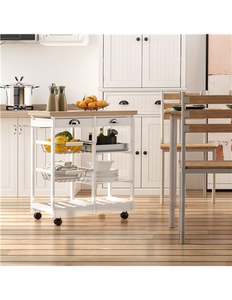HOMCOM Rolling Kitchen Island Trolley Cart Drawer Shelves Basket Wheels W/  6 Bottle Wine Rack White