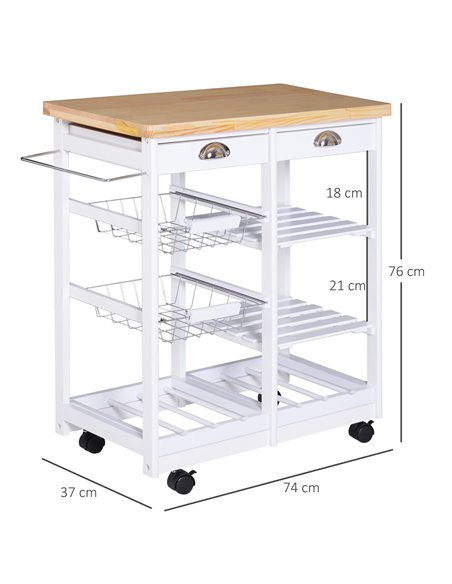HOMCOM Rolling Kitchen Island Trolley Cart Drawer Shelves Basket Wheels W/  6 Bottle Wine Rack White