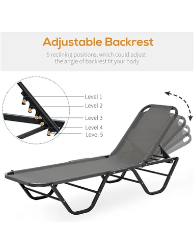 Outsunny Sun Lounger Relaxed Recliner with 5-Position Adjustable Backrest Aluminium Frame for Pool, Sun Bathing, Grey