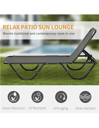 Outsunny Sun Lounger Relaxed Recliner with 5-Position Adjustable Backrest Aluminium Frame for Pool, Sun Bathing, Grey
