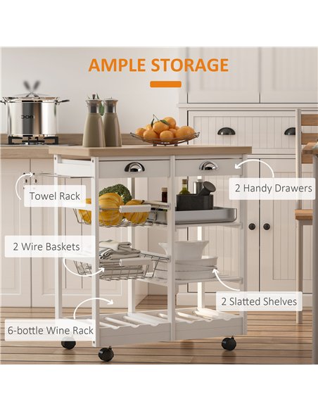 HOMCOM Rolling Kitchen Island Trolley Cart Drawer Shelves Basket Wheels W/  6 Bottle Wine Rack White