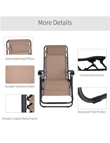Outsunny Zero Gravity Chair Metal Frame Texteline Armchair Outdoor Folding and Reclining Sun Lounger with Head Pillow for Patio 