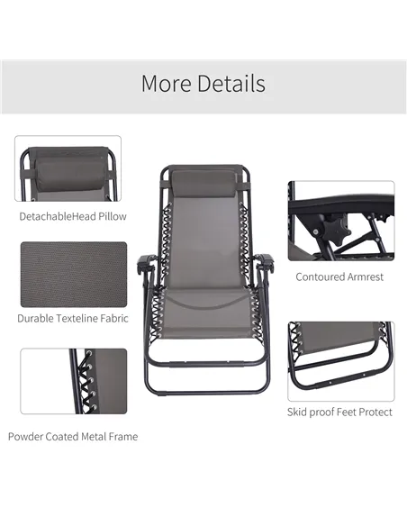 Outsunny Zero Gravity Chair Metal Frame Texteline Armchair Outdoor Folding and Reclining Sun Lounger with Head Pillow for Patio 
