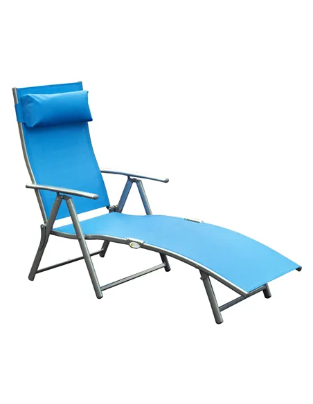 Outsunny Sun Lounger Steel Frame Outdoor Folding Chaise Texteline Lounge Chair Recliner with Headrest & 7 Levels Adjustable Back