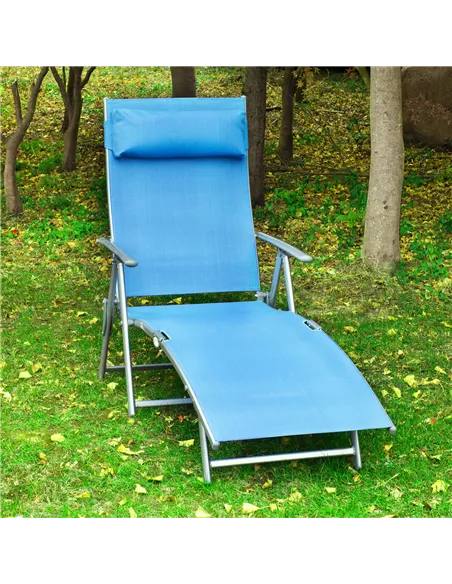 Outsunny Sun Lounger Steel Frame Outdoor Folding Chaise Texteline Lounge Chair Recliner with Headrest & 7 Levels Adjustable Back