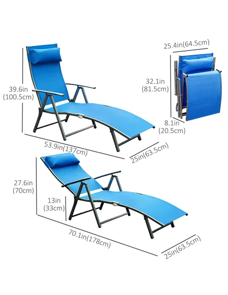 Outsunny Sun Lounger Steel Frame Outdoor Folding Chaise Texteline Lounge Chair Recliner with Headrest & 7 Levels Adjustable Back