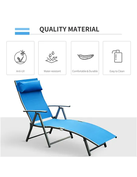 Outsunny Sun Lounger Steel Frame Outdoor Folding Chaise Texteline Lounge Chair Recliner with Headrest & 7 Levels Adjustable Back