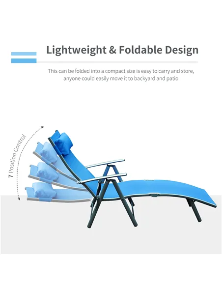 Outsunny Sun Lounger Steel Frame Outdoor Folding Chaise Texteline Lounge Chair Recliner with Headrest & 7 Levels Adjustable Back