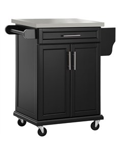 HOMCOM Wooden Kitchen Island on Wheels, Serving Cart Storage Trolley with Stainless Steel Top, Drawer, Side Handle and Rack, Bla