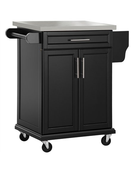 HOMCOM Wooden Kitchen Island on Wheels, Serving Cart Storage Trolley with Stainless Steel Top, Drawer, Side Handle and Rack, Bla