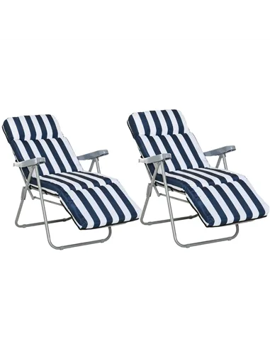 Outsunny 2Pc Folding Sun Loungers Set-Blue/White