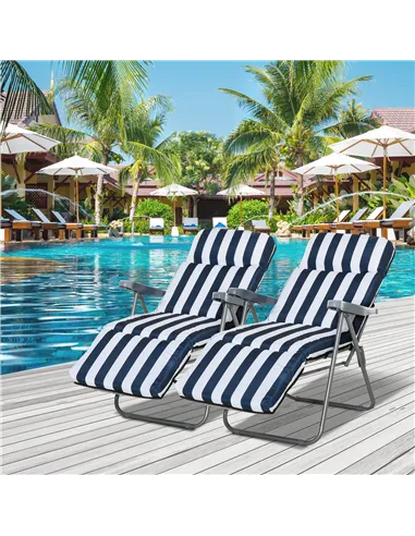 Outsunny 2Pc Folding Sun Loungers Set-Blue/White