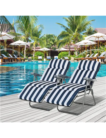 Outsunny 2Pc Folding Sun Loungers Set-Blue/White