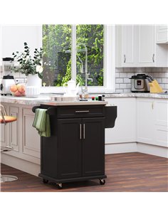 HOMCOM Wooden Kitchen Island on Wheels, Serving Cart Storage Trolley with Stainless Steel Top, Drawer, Side Handle and Rack, Bla 2