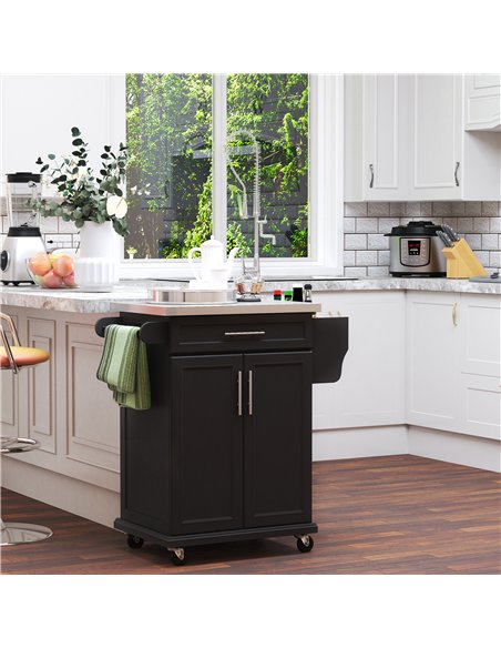 HOMCOM Wooden Kitchen Island on Wheels, Serving Cart Storage Trolley with Stainless Steel Top, Drawer, Side Handle and Rack, Bla