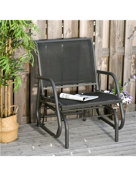 Outsunny Outdoor Garden Glider Chair, Metal Frame Single Armchair Swing Seater w/ Breath Mesh Fabric Seat, Curved Backrest, Armr