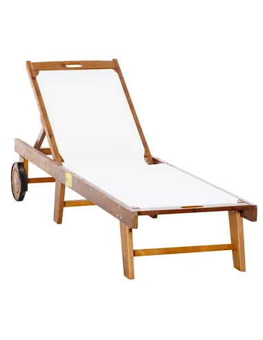 Outsunny Outdoor Acacia Wood Texteline Beach Sun Lounger Garden Patio Sunbed Recliner Chaise Adjustable Backrest with Wheels